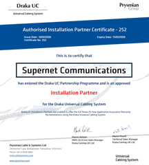 Draka UC Universal Cabling System authorised installation partner certificate